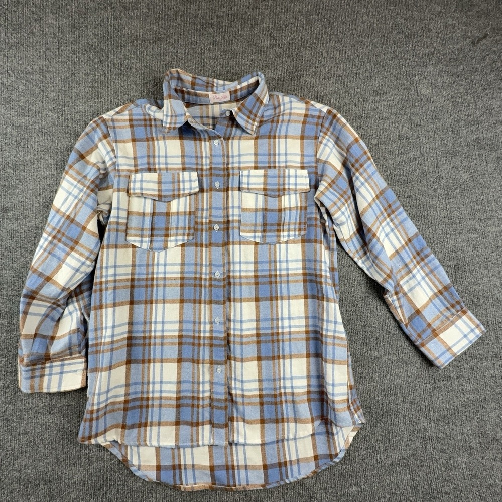 Pink Lily Womens Large Blue Plaid Flannel Button Up Long Sleeve Top MA98